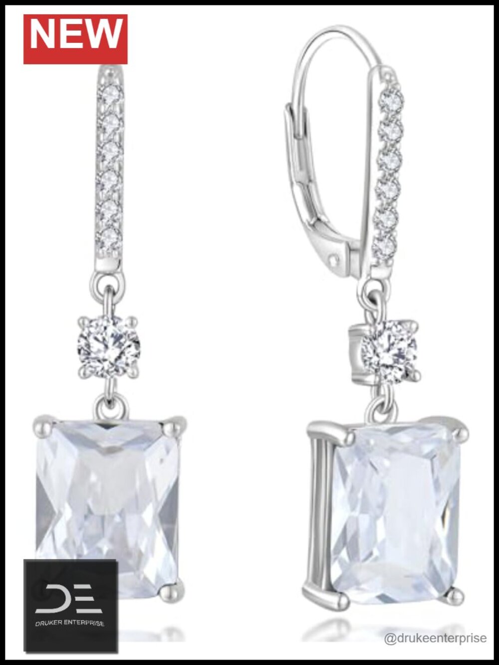 Emerald Cut Dangle Leverback Earrings 925 Sterling Silver 18K White Gold Plated
